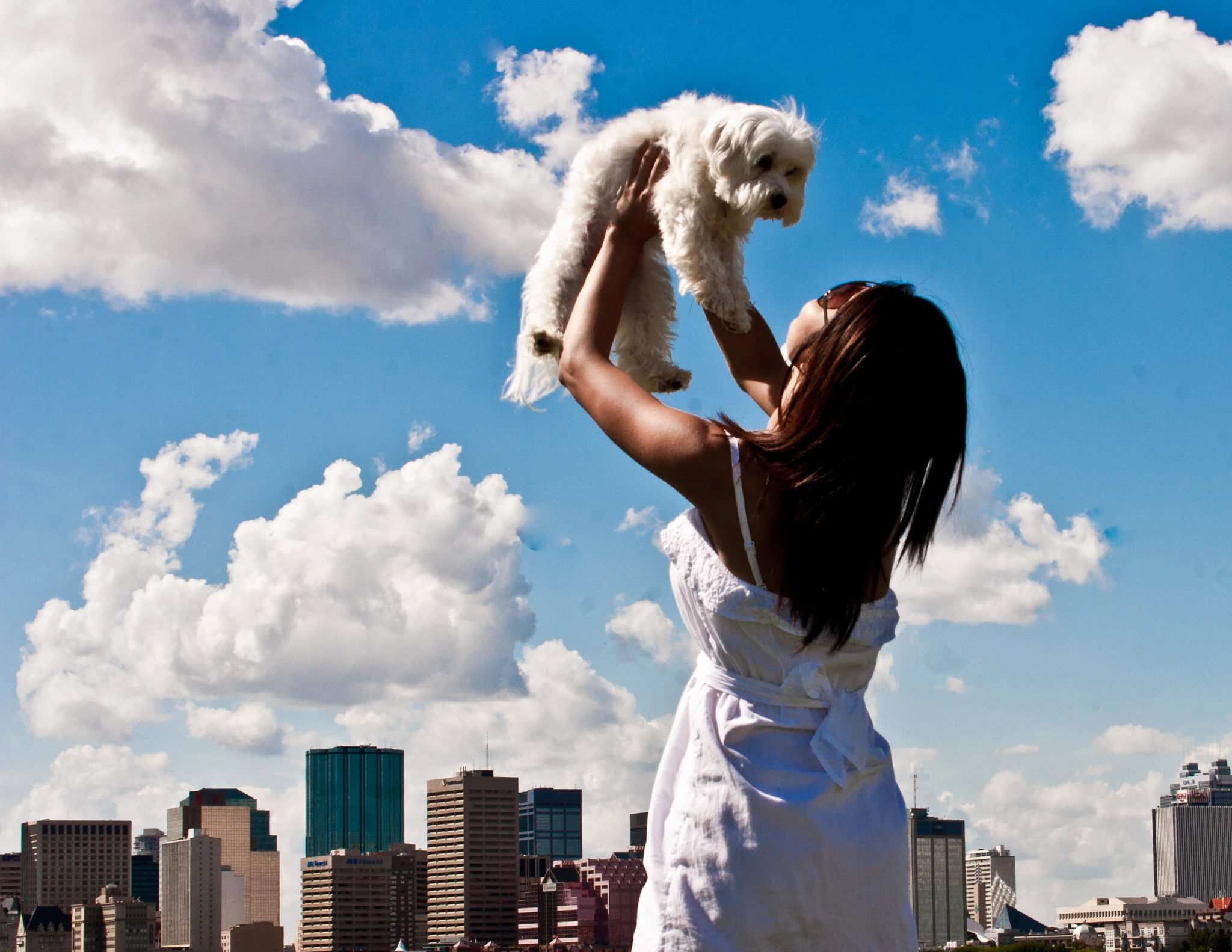 A woman lifting a small white dog above her head against towering summer cloud and the Edmonton skyline